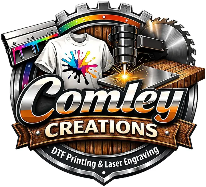 Comley Creations artwork featuring a printed T-shirt, laser engraver, saw blade, and the words ‘DTF Printing & Laser Engraving.’