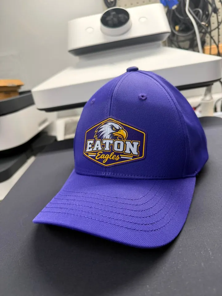 Purple baseball cap with a gold, white, and black Eaton Eagles design on the front.