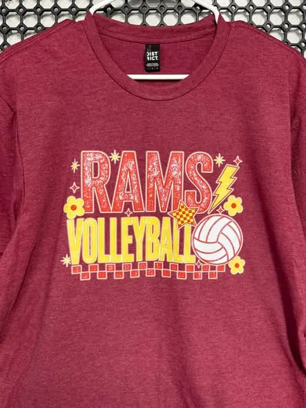 Heather burgundy T-shirt with a red and yellow Rams Volleyball design.